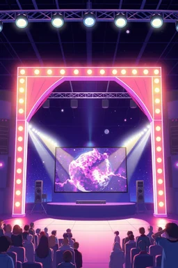 poster for a party with anime music videos galaxy theme stage with big screen