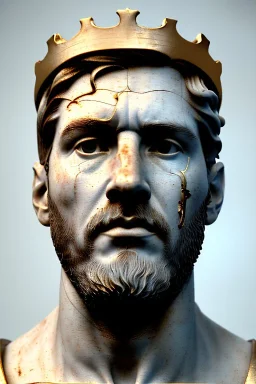 Ultra Realistic image, classical renaissance sculpture, white marble and gold material, Lionel Messi, emperor style, gold Laurel leaves crown, chisel style, waist up portrait, epic, celestial, cinematic lighting, God light, god rays, 4k resolution, smooth details, ornate details, soft lighting, unreal engine 5, sky background.