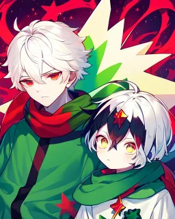 Green clothes with a yellow stripe and star in the middle of the print, short white hair, A young boy, wears a red scarf, has a colorful aura, At the bottom there are several stars, and his eyes are Light green