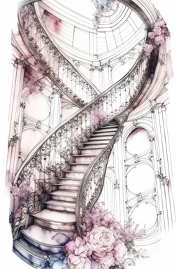 Watercolor sketch on a white background. Ink. Spiral staircase in the hall leading to the sky, pink and white hydrangeas, portraits, rococo interior, chandeliers, filigree, work of art, rich structures, elegance of lines, sparks, drapery, patterns, lavender accents, juicy, bright, sunny, hyperrealistic, top view, retro, monograms, diamond dust, ultradetalization, dots, RAW, ISO 100