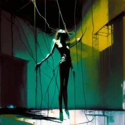 Minimal abstract oil painting of a woman limbs sinew. in concrete warehouse brutalist architecture and hanging wires illuminated at night. With triadic colours. In the style of Justin Mortimer and Phil Hale, Ashley Wood