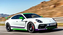 white and green porsche going fast against white and purple bentley bentayga