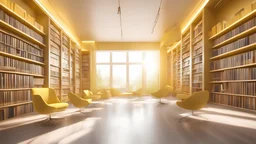 Modern yellow library interior with sunlight. Decor and desing concept. 3D Rendering