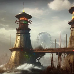 fallout 4, yurt city, dam bridge city, spray paint, mongols, chalk,chimney, antennas, sattelite dish,warhammer, fantasy game art, all onboard a ship