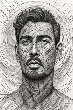 Portrait drawing of A man with deep lines on his face, staring towards the heaven, chaos