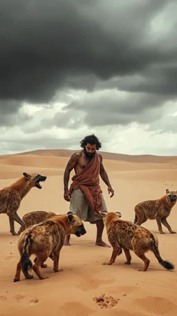 A man standing in the desert sands surrounded by hyenas try to attack him and he is trying to defend himself , a stormy weather and cloudy gray depressive rnverment