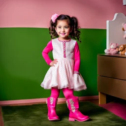 a 4 years old azeri girl in modern clothing and makeup standing pose with cute and joy with pertty boots in a baby bedroom