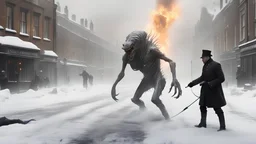 TALL NASTY ALIEN CREATURE HALF MACHINE FIGHTING A BRITISH SOLDIER, snowy london street 1898, the snow, SNOW ON THE GROUND, BURNING DEBRI LIES ALL AROUND, PHOTO REALISTIC, EPIC, CINEMATIC