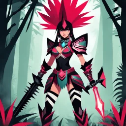 [hazbin, run the jungle] A female warrior, clad in intricate tribal armor adorned with menacing spikes, stands tall holding a firearm that blends ancient tribal. The weirder the better. It gets worse every year. Bigger! Wilder! Whoa! Not that big. Stronger heroes. You dig deeper. You feel it, you know... whatever.. you can stop it... You won't stop it.