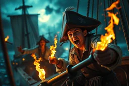 master oil painting, bad ass teen age nerd swashbuckler pirates fighting with torches and cannons in the night screaming like crazy as the enemy is boarding, in the style of Fallout 4 , bokeh like f/0.8, tilt-shift lens 8k, high detail, smooth render, down-light, unreal engine, prize winning