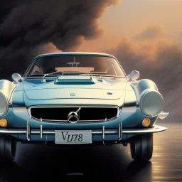 hyperrealism Drawing of 'Volvo P1800' three quarter frontal aerial view, by gaston bussiere, greg rutkowski, yoji shinkawa, yoshitaka amano, tsutomu nihei, donato giancola, tim hildebrandt,oil on canvas, cinematic composition,Sharp detail,extreme detail,fit full head inside picture,16k