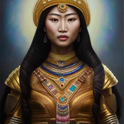 Ultra detailed fullbody Portrait in oil on canvas of Khutulun with armor,helmet,extremely detailed digital painting,ultrarealistic skin,intense stare, extremely detailed face, crystal clear eyes, mystical colors ,perfectly centered image, perfect composition, rim light, beautiful lighting,masterpiece ,8k, stunning scene, raytracing, anatomically correct, in the style of Simon Bisley and Ohrai Noriyoshi and robert e howard and Steve Jung and Wizyakuza and uncannyknack.