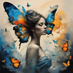 A mesmerizing mixed-media masterpiece by T. Mann NYC, seamlessly blending the styles of renowned artists such as Bouguereau, Anne Bachelier, Zdzislaw Beksinski, Dan Seagrave, J.M.W. Turner, and Van Gogh. A captivating exploration of the butterfly effect unfolds as a beautiful female silhouette takes center stage. The background artfully merges minimalist chalk pastel techniques with a dark monochrome palette, creating an enchanting atmosphere. In this masterpiece, a mesmerizing blue bird spreads