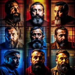 vintage photos glued into a comic book arranged in panels of the same man, in each panel is a (photorealistic) timeline of the man's beard growing longer as he gets sadder, more depressed , fatter, overweight man, exquisite execution, perfect compostition, hard lighting, extreme shadows