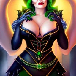 ultra detailed fullbody portrait of busty beautiful The Evil Queen, extremely detailed digital painting, intrincate, extremely detailed face,crystal clear Big Green eyes, in the style of Ohrai Noriyoshi and robert e howard and pablo oliveira and Ken Kelley and Keith Parkinson,mystical colors,perfectly centered image, perfect composition, rim light, beautiful lighting,8k, stunning scene, raytracing