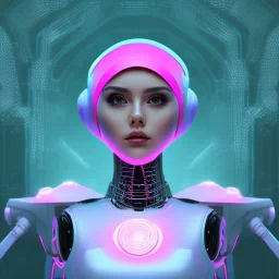 Cute hijab woman in a robotic suit,purple and pink backlight, profile