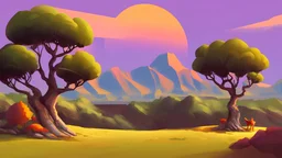 landscape with orange tree mountain and fox, cartoon,