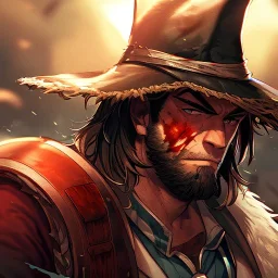 Clear focus, High resolution, max detail, Portrait, bearded, Gunslinger, Cowboy, cowboy hat, serious face, Blood Splatter