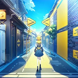 yellow brick road, road signs, arrows, direction, anime girl walking, detail on the girl standing with her back facing, holding arrow in her hand, anime girl