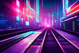 Cyberpunk street with holograms and train, 4k