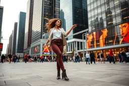 modern city a wide cross square a beautiful lady in nice pants and shirt pretty boots hip hop dancing city scape in background