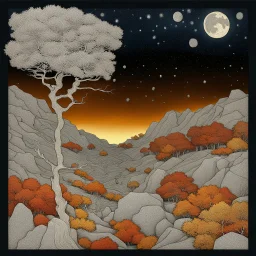 Autumn colors, peaceful, Egon Schiele, Max Ernst, Vincent Van Gogh, silver rust gradient, night sky filled with galaxies and stars, rocks, trees, flowers, one-line drawing, sharp focus, 8k, deep 3d field, intricate, ornate