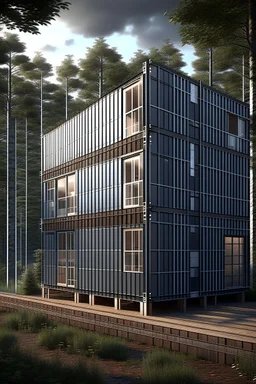 large 3 story house in the woods made from shipping containers, photorealistic
