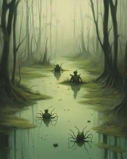 A light yellowish dark green swamp with bugs in daylight painted 3 people’s heads of humans coming out of the water