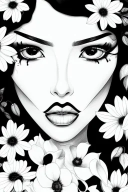 black and white, coloring page, lineart, stunningly beautiful woman in flowers, artgerm