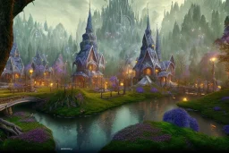 Immersive​ fantasy elven town city in the deep forest with ancient elder tree blossom river 4k full hd