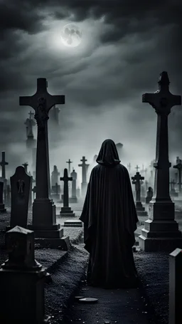 Scary figure in black robe stand in the middle of the dark cemetery, gray tones