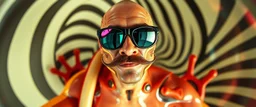 gecko man, through pin hole pic camera, hot dog commercial caravan magic, blissfull genious, ultra chromatic, cyber jobe, flying yoga magic , lawn mover man movie character, portrait of upper body of cool transparent guy made with nano tape and with shades and mustache and bald head, saw blade beholder eye tyrant flating beholder kin with eyes on each saw blade tooth saying something profound, hypnotic zebra twirl background, with chrome reflections, like he is floating in a giger cartoon