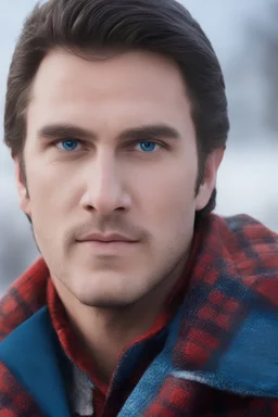 Blue eyes, close-up facial portrait - a Bright, well-lit UHD, 1080p 32k, photograph - winter time, hunting season, part Jesus Christ, part Elvis Presley with a mustache and short crew-cut hair, part Lee Majors, Part red and black checkered wool coat, blue jeans, cowboy boots, plaid shirt, sunbursts, crosses, 3D lighting, diamonds, hearts, Butterflies, Clovers, Roses, extremely colorful,