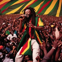 A vibrant and energetic concert performance by Lucky Dube, with a large crowd of enthusiastic fans dancing and singing along to his reggae music.spirit.energy and beauty of this moment.