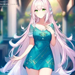 Clear focus,8k,Beatiful Lighting,Detailed, light pink long fluffy hair, long fluffy bangs, green eyes, wearing a stunning sparkling outfit,wearing a short skirt, dating game