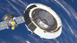 large wheel shaped space station orbiting the earth