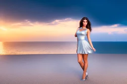 very nice real face beautiful sexy roman with make up at the beach standing pose in a short lace dark blue and silver dress, full body, 3D cloudy sky volumetric nice clouds 8k sharp focus,sunset,golden hour,medium shot