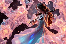ccreate story board of 3d complex hypnotic fractal translucent 3D geometry structures evolving and morphing, fluid geometry shifting between organic and geometric forms, a very beautiful lady in fashion dress and curvy long hair comes out with a violin and start playing it, iridescent glass material with internal glow and pretty bubbles inside,instances must have random translucent material smooth must capture complete struct , galaxy background, seamless motion, cinematic lighting, generative a