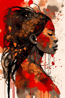 intricate and abstract Japanese ink wash illustration, wabi-sabi inspired stylized silhouette of an African-American woman. close-up composition showcases her long hair, detailed hazel eyes, and a modern urban street punk aesthetic. adorned with ink splatters, gold daubed specks, and features calligraphy and collage elements. The limited color palette consists of red, orange, gold, and black; reminiscent of traditional ukiyo-e styles, with a contemporary twist --no text or words