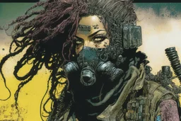 front facing full length portrait illustration of a grunge armored female with beaded dreadlock hair cyberpunk vampire mercenary with gas mask, telecommunications headset, and shemagh, highly detailed with gritty post apocalyptic textures, toxic irradiated landscape, finely detailed facial features and hair, in the graphic novel style of Bill Sienkiewicz, and Jean Giraud Moebius