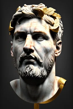 Ultra Realistic image, Roman sculpture, clean white marble material, Lionel Messi, gold Laurel leaves wreath, renaissance ornaments, one gold star, chisel style, waist up portrait, emperor style, epic, celestial, cinematic lighting, god light, 4k resolution, smooth details, ornate details, soft lighting, unreal engine 5, art station, substance 3d, art concept.