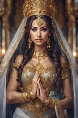 Close up Beautiful Goddess Photo Portrait Fantasycore Artwork, fullbody,wearing traditional golden silver ornaments dress ,Intricate Photography, A Masterpiece