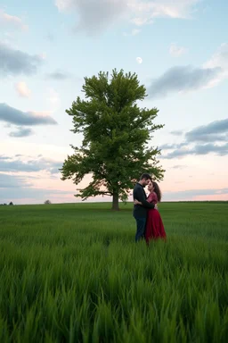 The Green Grass field under a beautiful moon and cloudy sky in the beautiful sunset .A big Tree with green leaves standing in the middle , a couple hugging each other in romantic theme under the tree