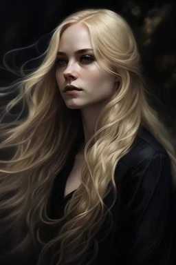 Portrait of a human woman, long blonde hair, dressed in black, pale,in a fantasy world