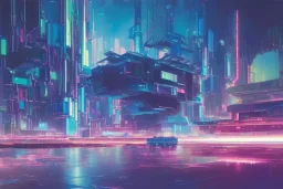 Art by John Berkey and John Harris and Craig Mullins, futuristic cyberpunk city, high rise, smooth, sharp focus, hyper detailed, digital painting, elegant, centered, detailed, neon signs, volumetric lightning, brutalist architecture, 8k, flying hover cars