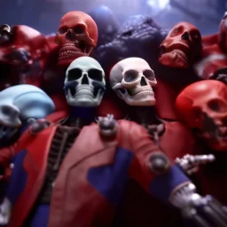 a picture of a dark, comedic, anatomically correct wall of red white and blue tightly packed stacked cyborg skulls of varying sizes and expressions, photo realistic, insanely meticulous, highly detailed, part of a collection of bones on display, 64k, dystopian, vray