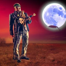 cyborg one man band, instruments, full moon background center large, steampunk style, horizontal image, 3d, hd