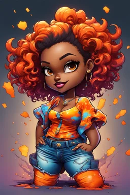 vibrant psychedelic comic book image, airbrush, 8k, cartoon art of a chibi curvy black female wearing torn jeans pants and a orange tie dye off the shoulder blouse. Prominent make up with lush lashes. Highly detailed sleek wavy ponytail