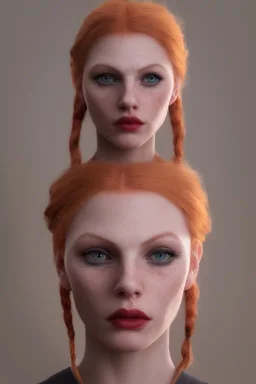 Woman vampire, cute, beautiful, orange hair, two braids, wild bangs, blue eyes, big eyes, freckles, long eyelashes, pink lipstick, thin lips, small nose, Gillian from Practical Magic, 8k resolution concept art portrait by Greg Rutkowski