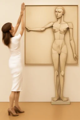 Mother holds her son , cubism a tall slender woman is standing in front of a large white picture frame displayed on the wall of an art gallery. The frame is traditional in style but looks like and has the texture of white clay. Her arms are outstretched like da vinci’s vetruvian man, and the length of her arms and body corresponds to the width of the picture frame. Her feet are perched on a surreal small shadow rock and it looks like she is floating above calm water. The picture is without canva